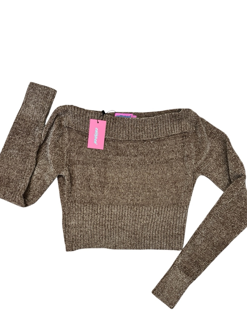 Edikted Farrah Brown Off-the-Shoulder Cropped, Ribbed Knit Sweater
